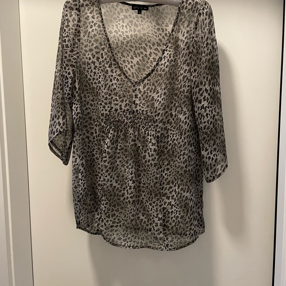 Plum Brown and Black V-Neck Sheer Relaxed Blouse